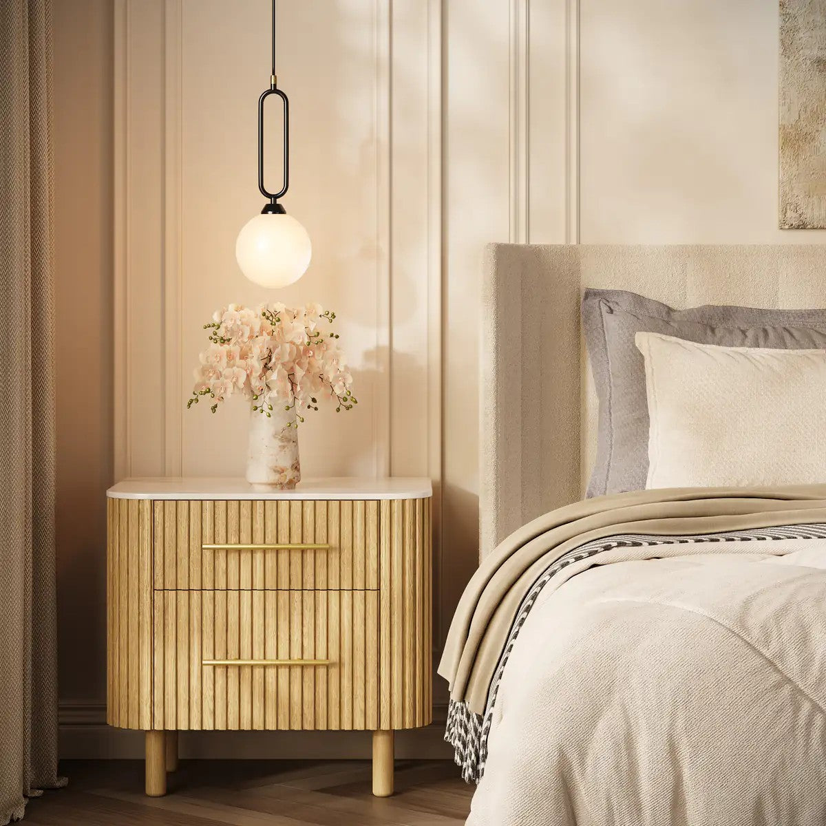 Nova Fluted Solid Oak Nightstand For Bedroom