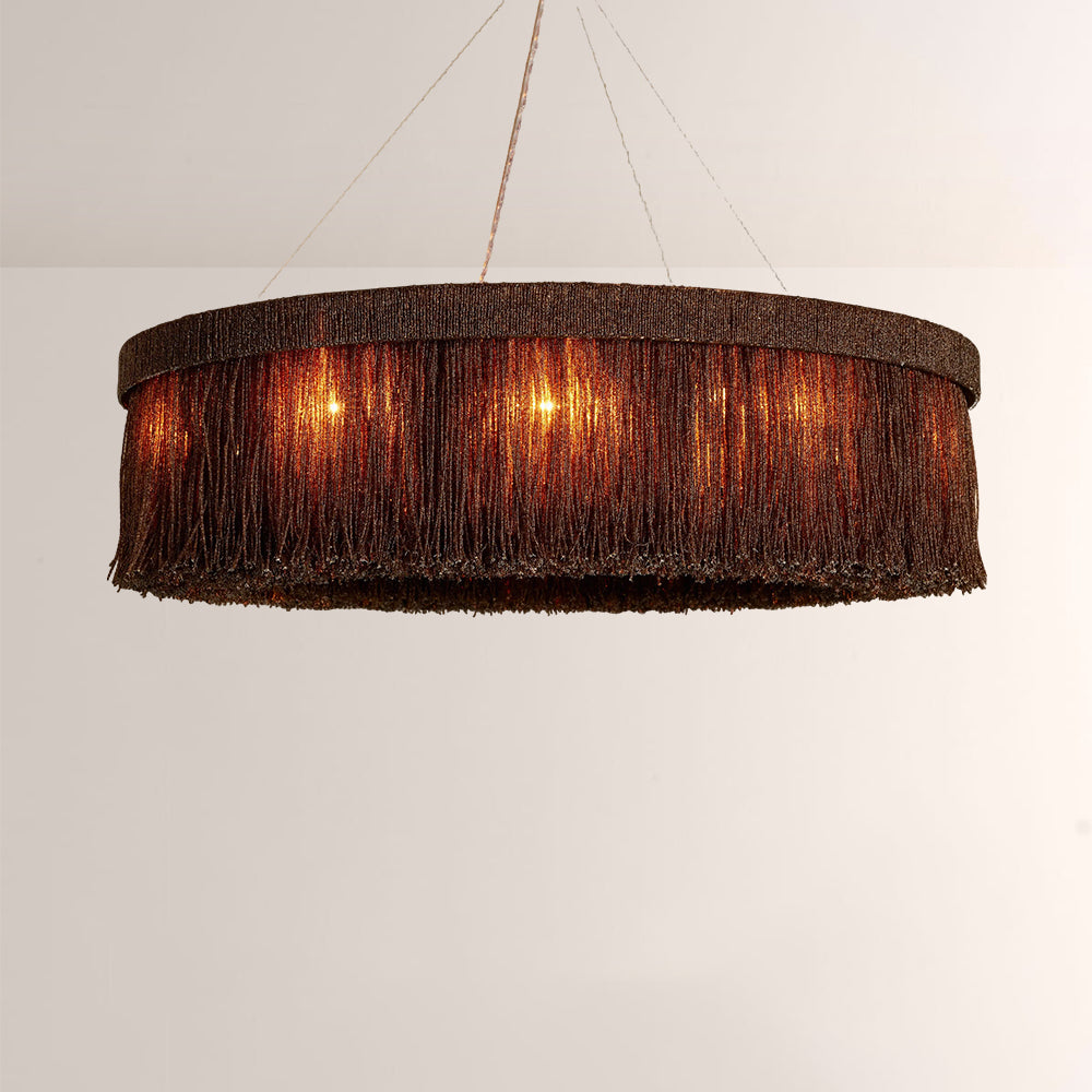 Jovyn Flat Round Hand-Strung Jute Fringe Chandelier