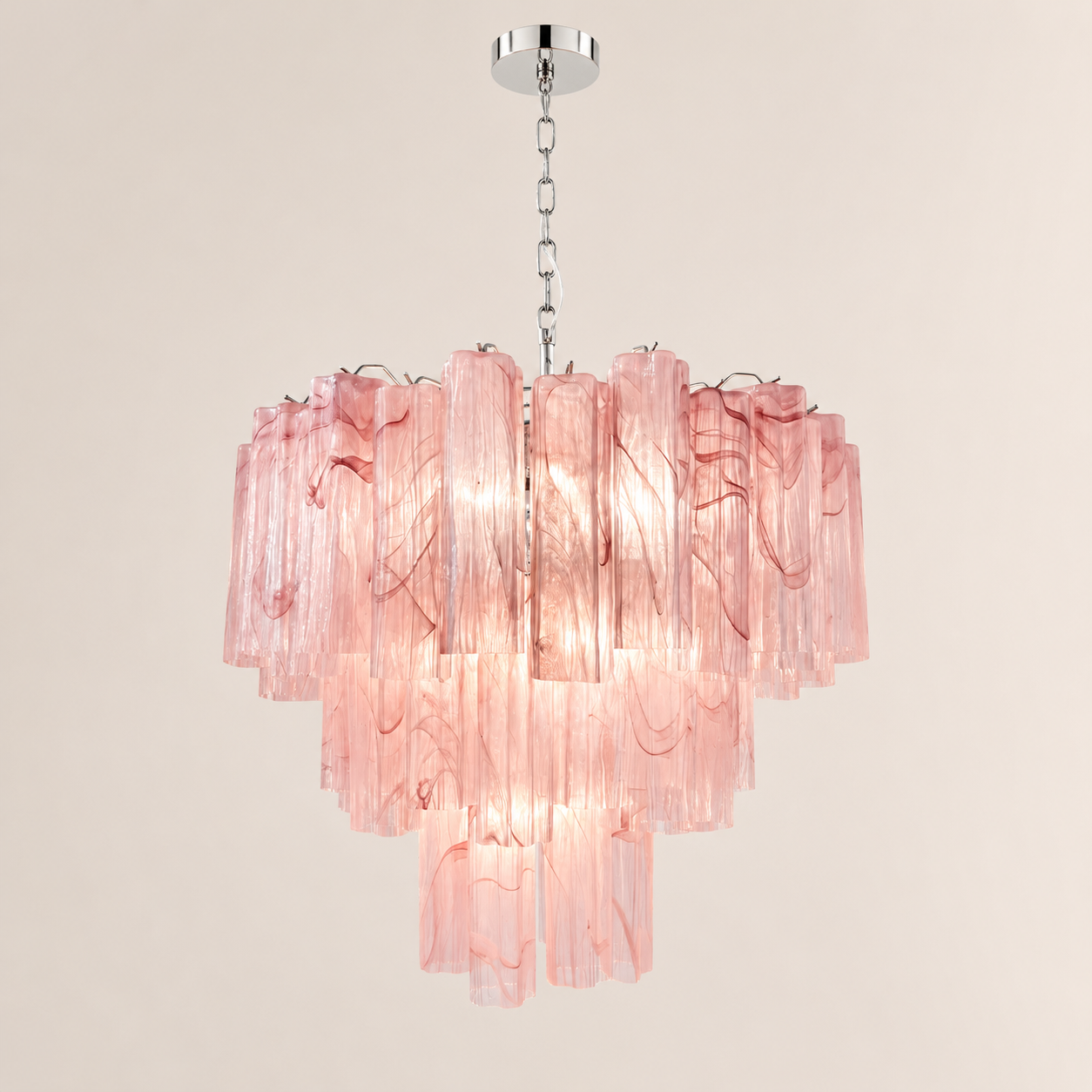 Venetian Handblown Tube Glass Chandelier 25.6" Pink 48 Tubes