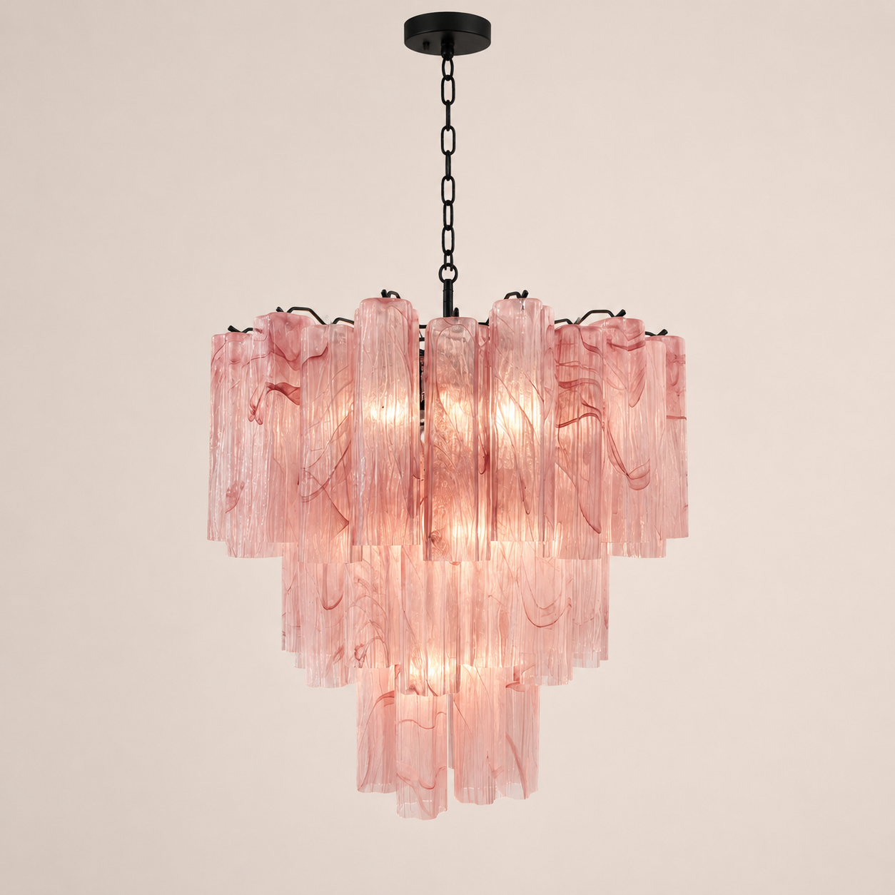 Venetian Handblown Tube Glass Chandelier 25.6" Pink 48 Tubes