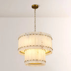 Zora Round Slat Alabaster 2 Tier Drum Chandelier 22”D
