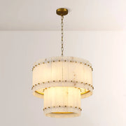 Zora Round Slat Alabaster 2 Tier Drum Chandelier 22”D