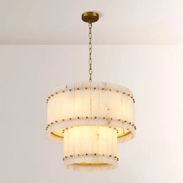 Zora Round Slat Alabaster 2 Tier Drum Chandelier 22”D