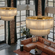Zora Round Slat Alabaster 2 Tier Drum Chandelier 60”D