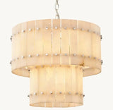 Zora Round Slat Alabaster 2 Tier Drum Chandelier 22”D