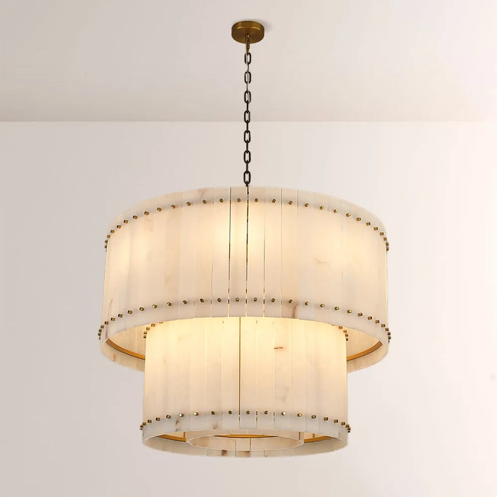 Zora Round Slat Alabaster 2 Tier Drum Chandelier 22”D