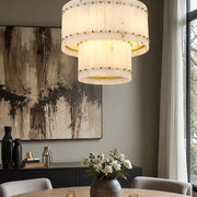 Zora Round Slat Alabaster 2 Tier Drum Chandelier 22”D