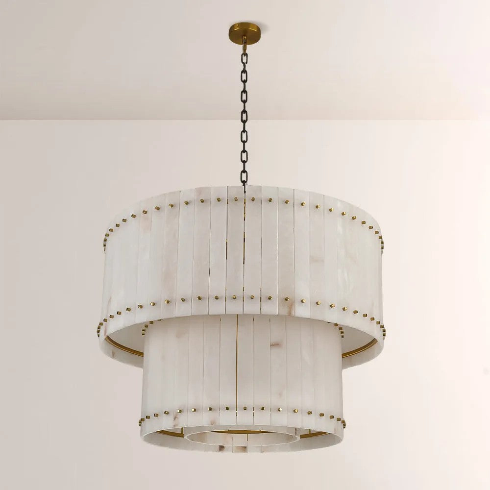 Zora Round Slat Alabaster 2 Tier Drum Chandelier 37”D