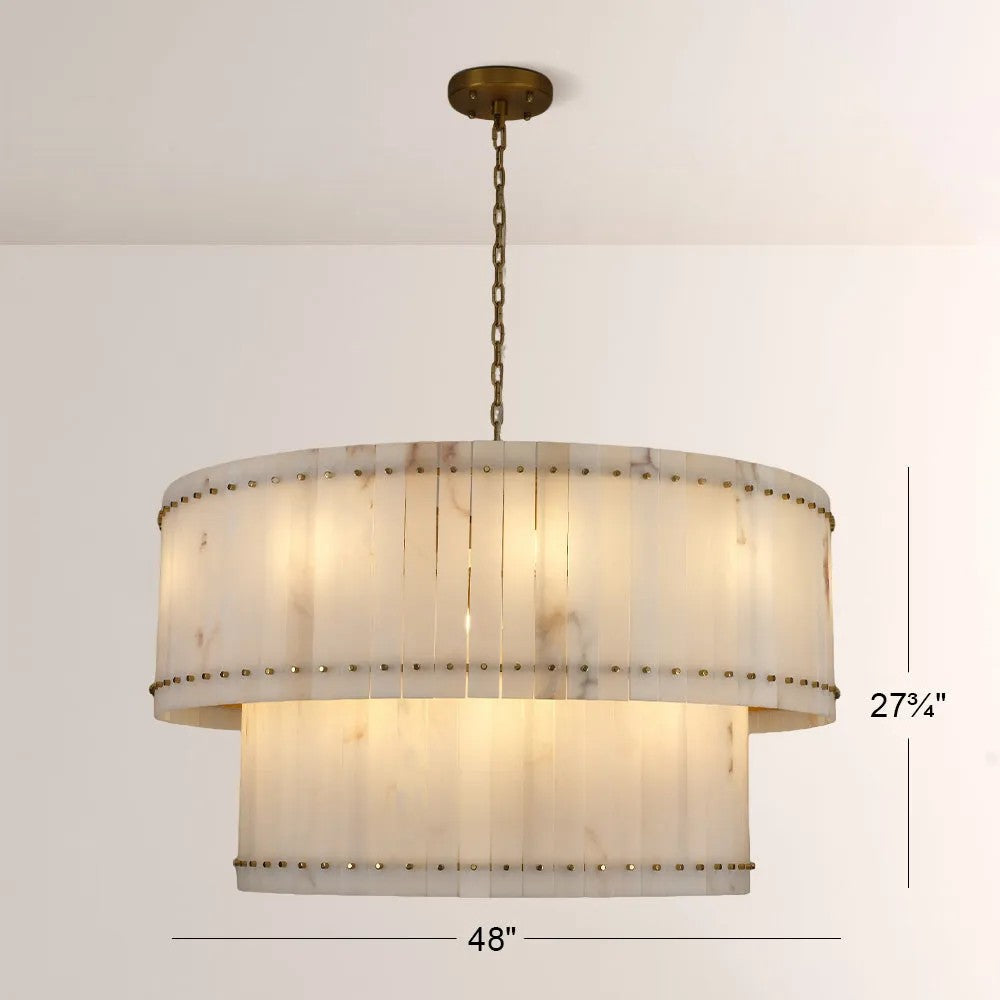 Zora Round Slat Alabaster 2 Tier Drum Chandelier 48”D