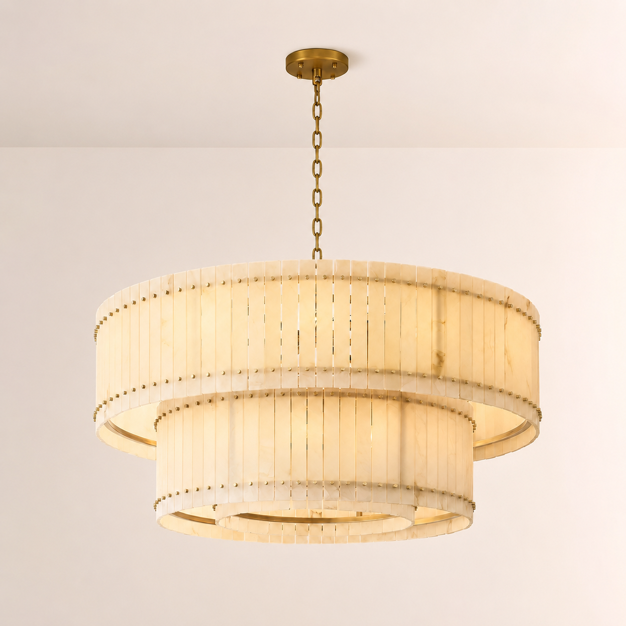 Zora Round Slat Alabaster 2 Tier Drum Chandelier 60”D