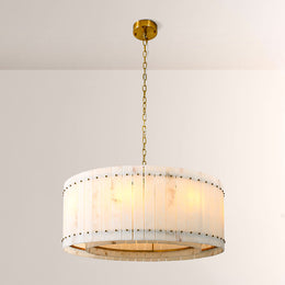 Zora Round Slat Alabaster Drum Chandelier 37”D