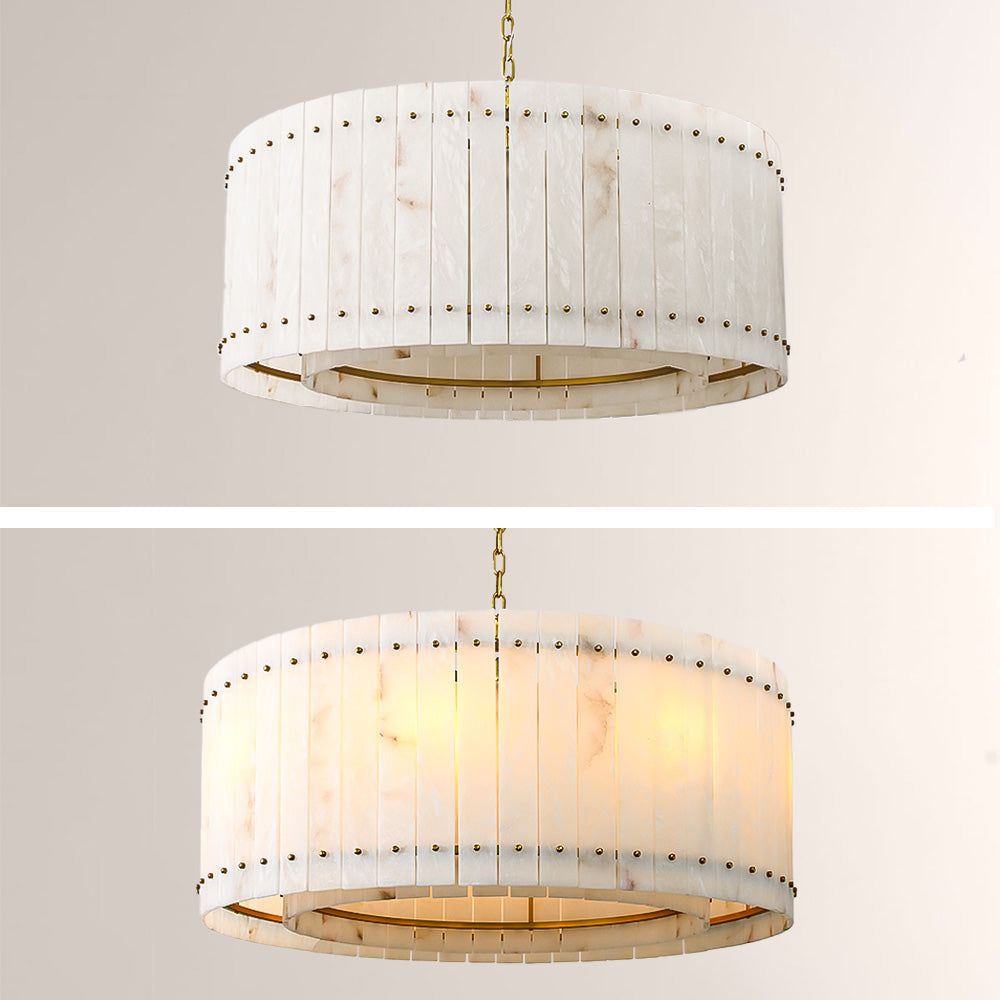 Zora Round Slat Alabaster Drum Chandelier 22”D