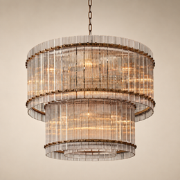 Zora Round Slat Glass 2 Tier Drum Chandelier 37”D