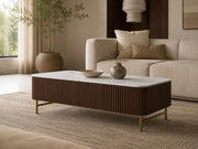 Cedar fluted oak and stone coffee table in a warm living room