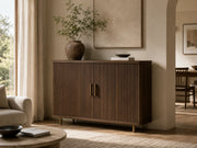 Cedar fluted oak two-door storage cabinet in a warm interior